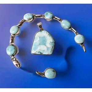 Sterling Silver 925 & Polished Larimar Pendant & Bracelet + Extension 52.8 gram
